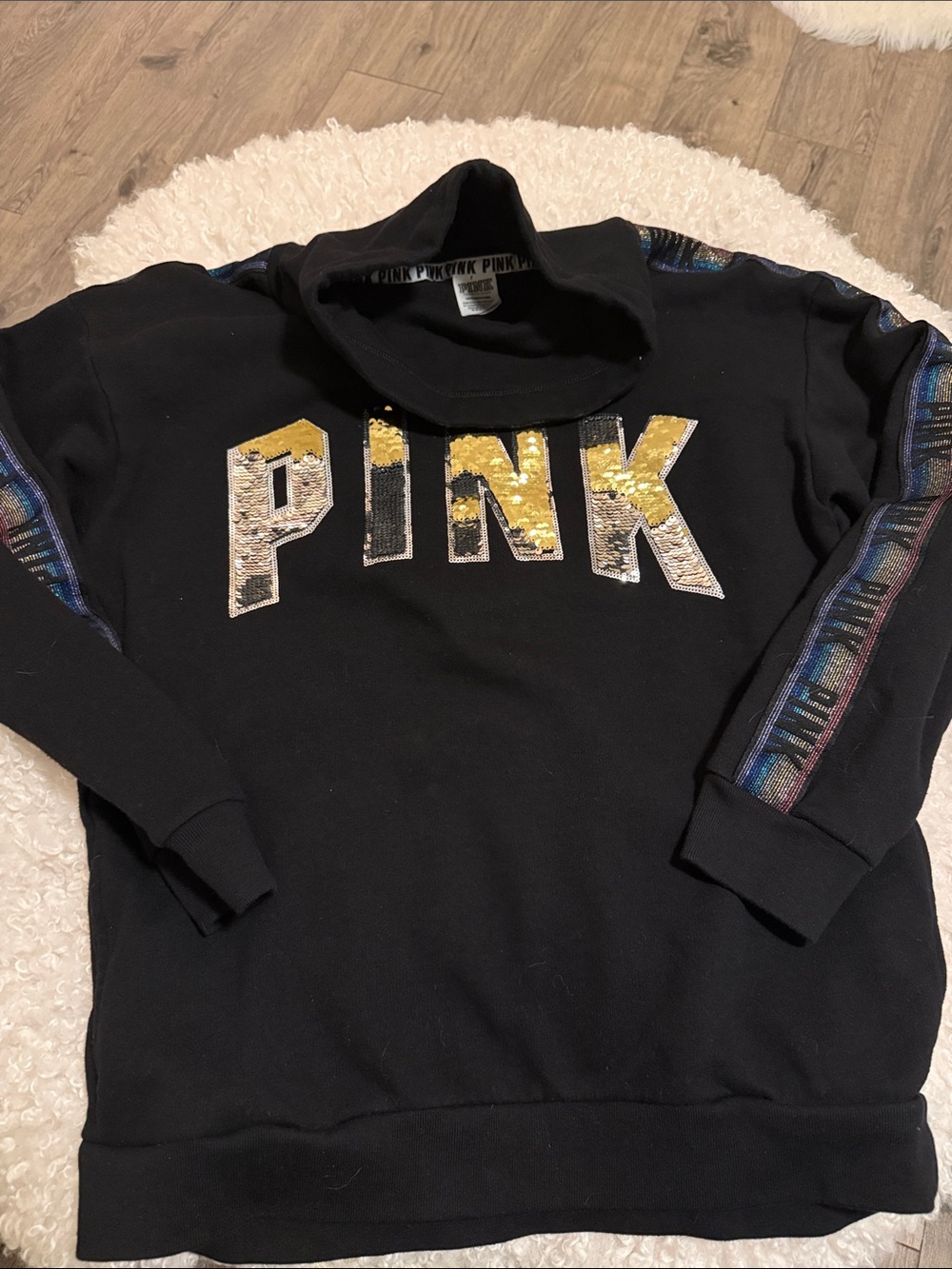 PINK Victoria's Secret Black Pullover Hoodie with Gold & Silver Sequin Logo